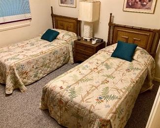 Pair of Dixie "Shangrila" twin beds and nightstand 