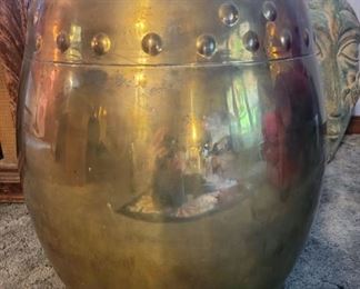 Large Vintage Etched Brass Drum Seat / Plant Stand