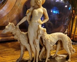 Vintage Art Deco Lady with Two Borozoi Dogs - Figurine