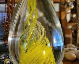 Vintage Yellow Swirl Murano Glass Paperweight