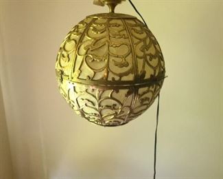 Vintage mid century Japanese karaokosu brass filigree globe fixture; Rare HIGH INTEREST BY PHONE