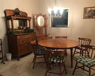 Antique oak side bar/buffet table and  hall tree , mid century maple dinette table and chairs 