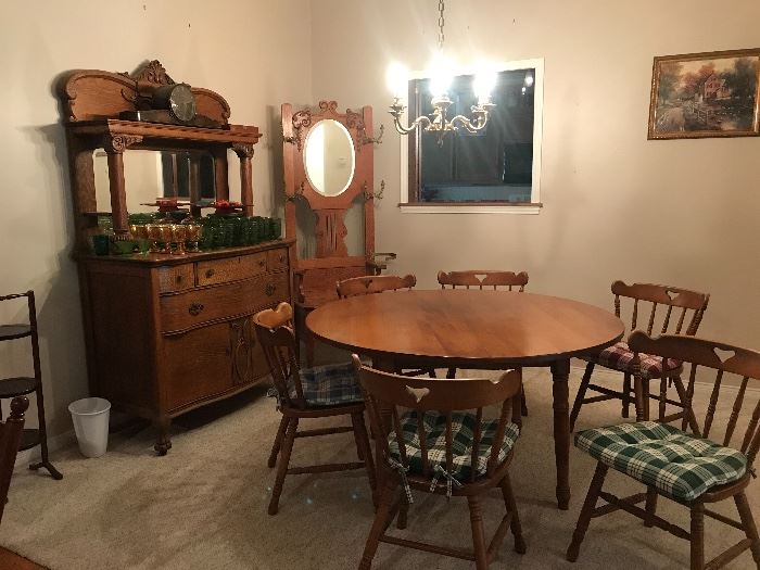 Antique oak side bar/buffet table and  hall tree , mid century maple dinette table and chairs 