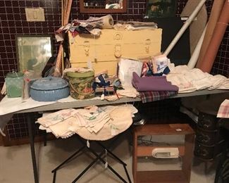 Antique flat top trunk, vintage and antique linens, feed sacks and hand embroidery pillow cases, & runners