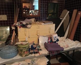 Sewing boxes and vintage linens 