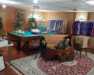 3 prelited Christmas trees. Brooks Brothers shirts, pool table, cedar chest,and area rug