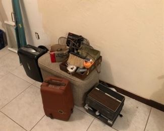 Paper shredder, vintage cameras, assorted items
