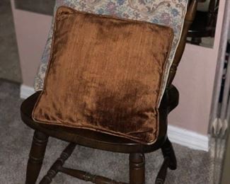 Wood chair, throw pillows