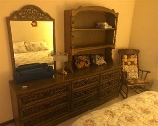 Wood mirrored dresser, hutch, rocker