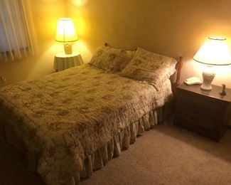 Full mattress, box springs, bedside lamps, end tables, bedding