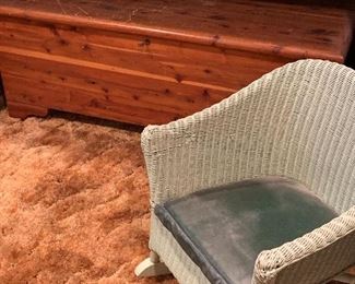 Small Cedar Chest, Childs Wicker Rocker.