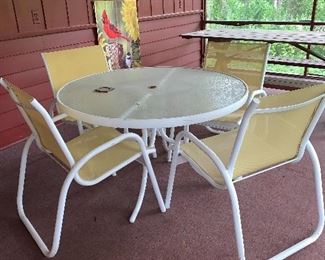 5 pc aluminum umbrella table and chairs.