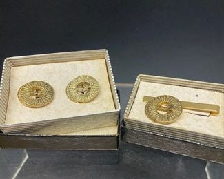 Western Electric gold tone cuff links and tie clasp ...To Register and To Bid go to https://capitolsalesservices.hibid.com