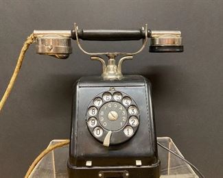 
Rotary Dial cradle telephone made by VEF, (Valsts Elektrotehniska Fabrika - Nation Electrotechnical Factory) in Riga, Latvia in, late 1920s.
  (Photos by BC of Capitol Sales Services ) ................To Register and To Bid go to https://capitolsalesservices.hibid.com..