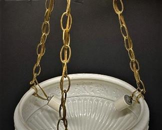Three light hanging chandelier with solid brass chains and hardware suspending a milk glass globe with a satin finish.   (Photos by BC of Capitol Sales Services ) ................To Register and To Bid go to https://capitolsalesservices.hibid.com..