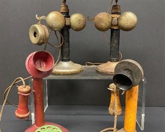 Vintage tin and wood toy telephones 