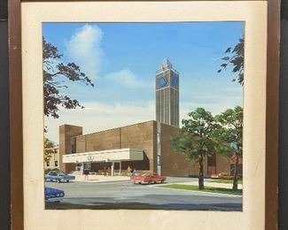 Original frame Scheffer Studios watercolor architectural drawing of mid century modern Bell Systems central office.   
