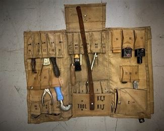 Vintage telephone lineman key tool kit with folding canvas tool carrier  ...To Register and To Bid go to https://capitolsalesservices.hibid.com..