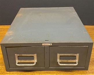 Vintage industrial metal two drawer card filing cabinet by COLE.  ...To Register and To Bid go to https://capitolsalesservices.hibid.com..