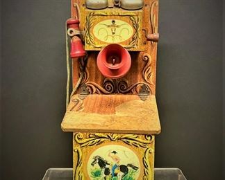 1950s tin and wood antique telephone style toy by Gong Bell Manufacturing Company of East Hampton, Connecticut  ...To Register and To Bid go to https://capitolsalesservices.hibid.com..