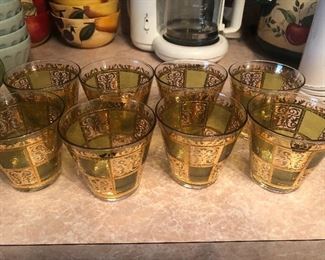 Vintage MCM Culver Prado Green Gold Double Old Fashioned Flared Glasses 