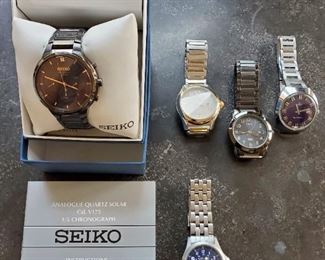 Men's watches: Seiko Analogue Quartz Solar Cal V175 1/5 Chronograph Watch, Hamilton Automatic Khaki 9823 stainless steel, and Timax Indiglo