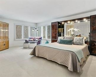 PRESALE:  Henredon King bed unit.  Headboard with mirrored back and lighted bridge, 2 side cabinets.   $3499.  Please contact us if interested in purchasing.