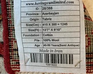 Area Rug Azarbayjan Tabriz Made in Iran 13'7 x 9'10" (as is)