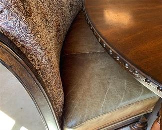 70" Pedestal Dining Table w 4 Chairs and 2 Curved Benches