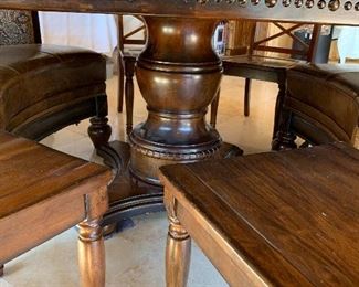 70" Pedestal Dining Table w 4 Chairs and 2 Curved Benches