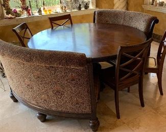 70" Pedestal Dining Table w 4 Chairs and 2 Curved Benches