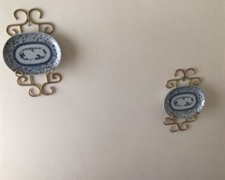 pair of blue and white porcelain wall plates 