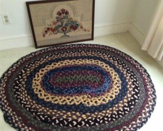 Antique Braided Rug and Crewel Art 