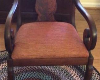 Antique Flame Veneer Scroll Arm Chair 