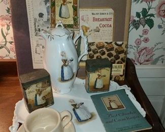 AMAZING BAKER'S CHOCOLATE DISPLAY FEATURING ORIGINAL ADVERTISING, PORCELAIN TEAPOT WITH TRAY, AND CUP & MUG SET!