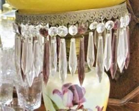 Converted Oil Lamp with Glass Iris base and added crystals to shade  Asking $35