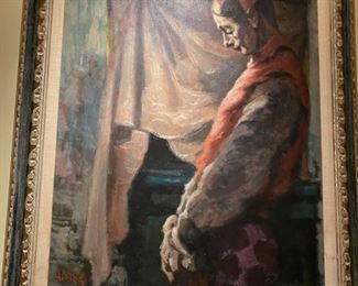 Great Mid Century oil painting of a clown in meditation. Listed artist.