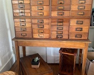 33 Drawer Oak Cabinet on Table and single drawer oak file drawer