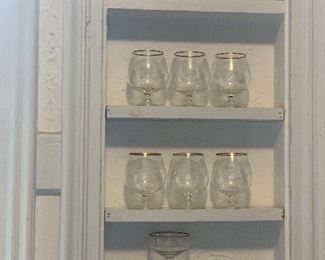 Mid Century Liqueur glasses of assorted sizes with a boho lacy pattern $2 ea