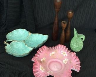 Vintage Glass Dishes and Wood Candleholders