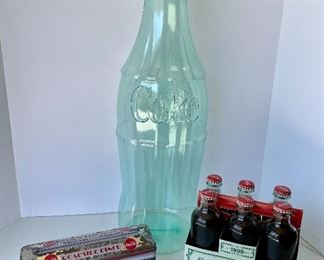 05/  Coca Cola™ •  Lot of 3 pieces: oversize replica bottle, metal diner tin, 6pack Christmas vintage glass colas • $ 36