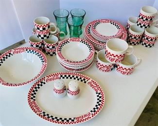 NOW $80 was $120 CocaCola™ Gibson Set of 6 dinner plates, 6 salad, 6 bowls, 3 different size cups : 5 mugs, 5 smaller mugs, 3 large tea or coffee cups, two serving pieces, salt & pepper, 3 glasses. 35 pieces. 