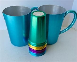 17/  Beau Rivage® aluminum retro poolside drink ware set •  2 pitchers and 8 colored tumblers • like new • $36