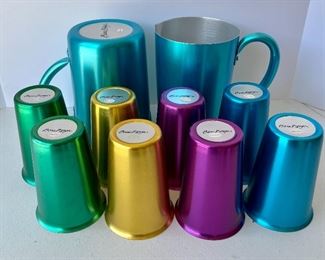 17/  Beau Rivage® aluminum retro poolside drink ware set •  2 pitchers and 8 colored tumblers • like new • $36