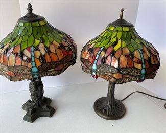 14/  Dragonfly stained glass shaded lamps • metal bases •  sold as pair • 19”T x 12”W • $100