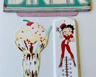 29/  1950s Diner Set • Shingle , Shake wall art , Betty Boop Thermometer * sold as set • $15