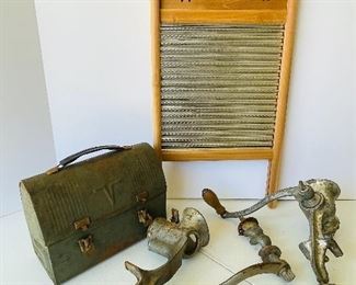 36/  Lot vintage meat grinders & wash board & lunchbox • $40