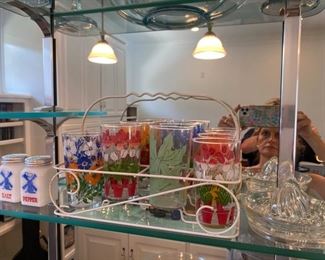 70/  Set of vintage spring floral tumblers in caddy • salt & pepper •  glass fruit juicer • sold as lot • $50 