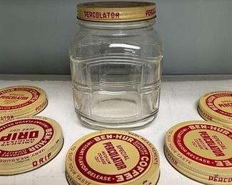 VINTAGE ADVERTISING BENHUR COFFEE JAR WITH EXTRA LIDS