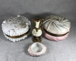 Porcelain Satin Glass Dresser Boxes Trinket powder case lot